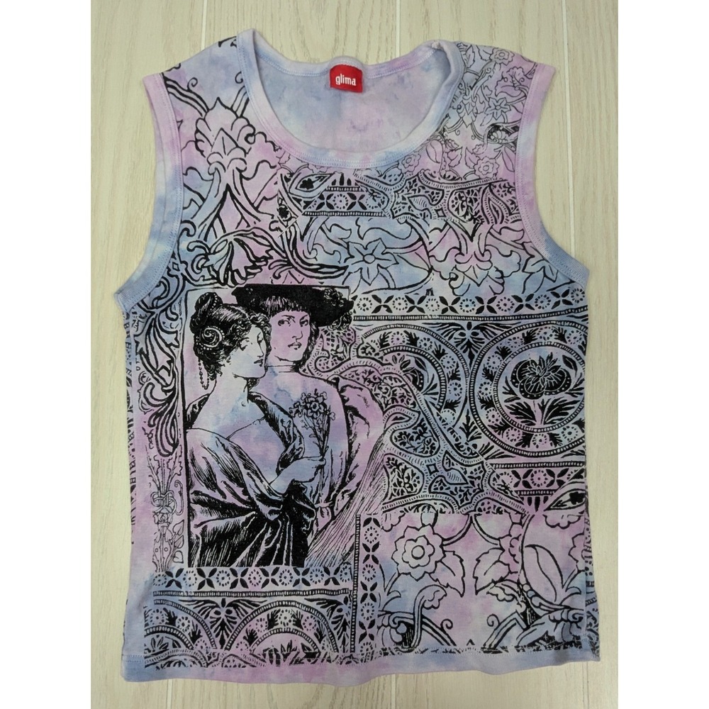 Glima Tank Top Vintage Women's M Purple Blue Tie Dye Victorian Print Made USA